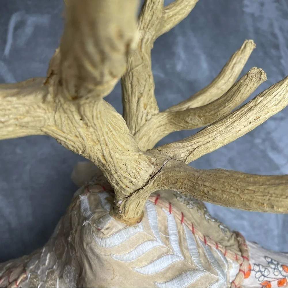 Faux Kantha Patchwork Deer Stag Fabric Covered Wall Decor Gold Antlers Boho